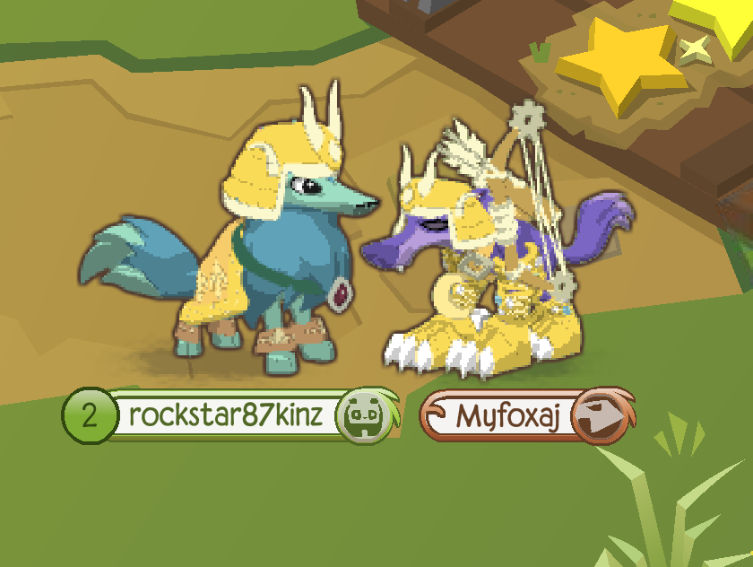 A screenshot of me and Twigs playing Animal Jam. She is an artic wolf dressed up as Lunaris from Ducktales while I'm a regular wolf dressed up as Penumbra from ducktales.