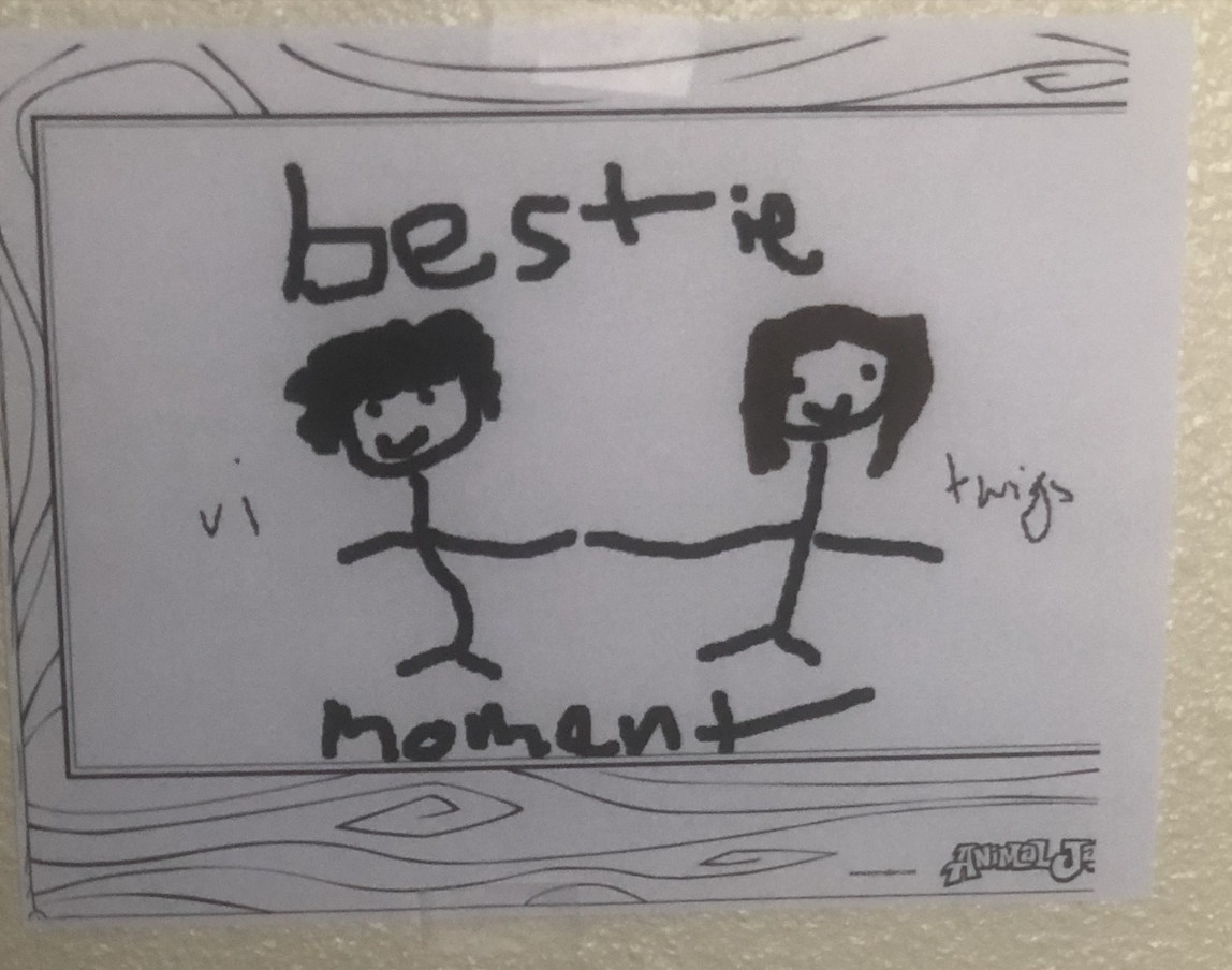 A drawing that was created in Animal Jam printed and hung up on my wall. There are two stick figures, one of me and one of Twigs. Our names are next to each other. The words bestie moment are written with sloppy handwriting.